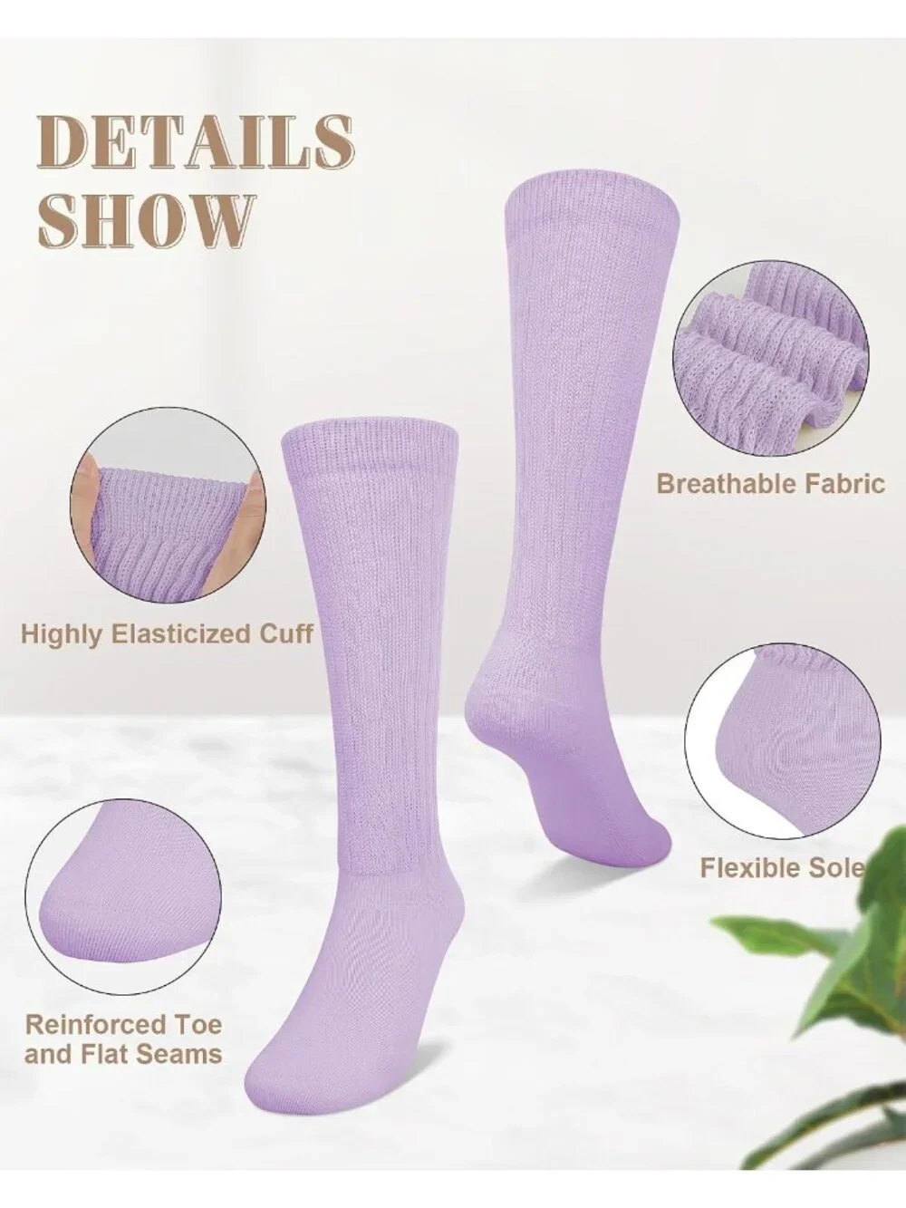 🧦Women's Purple White 6 Pairs Slouchy Socks Long Knee High Boot Socks